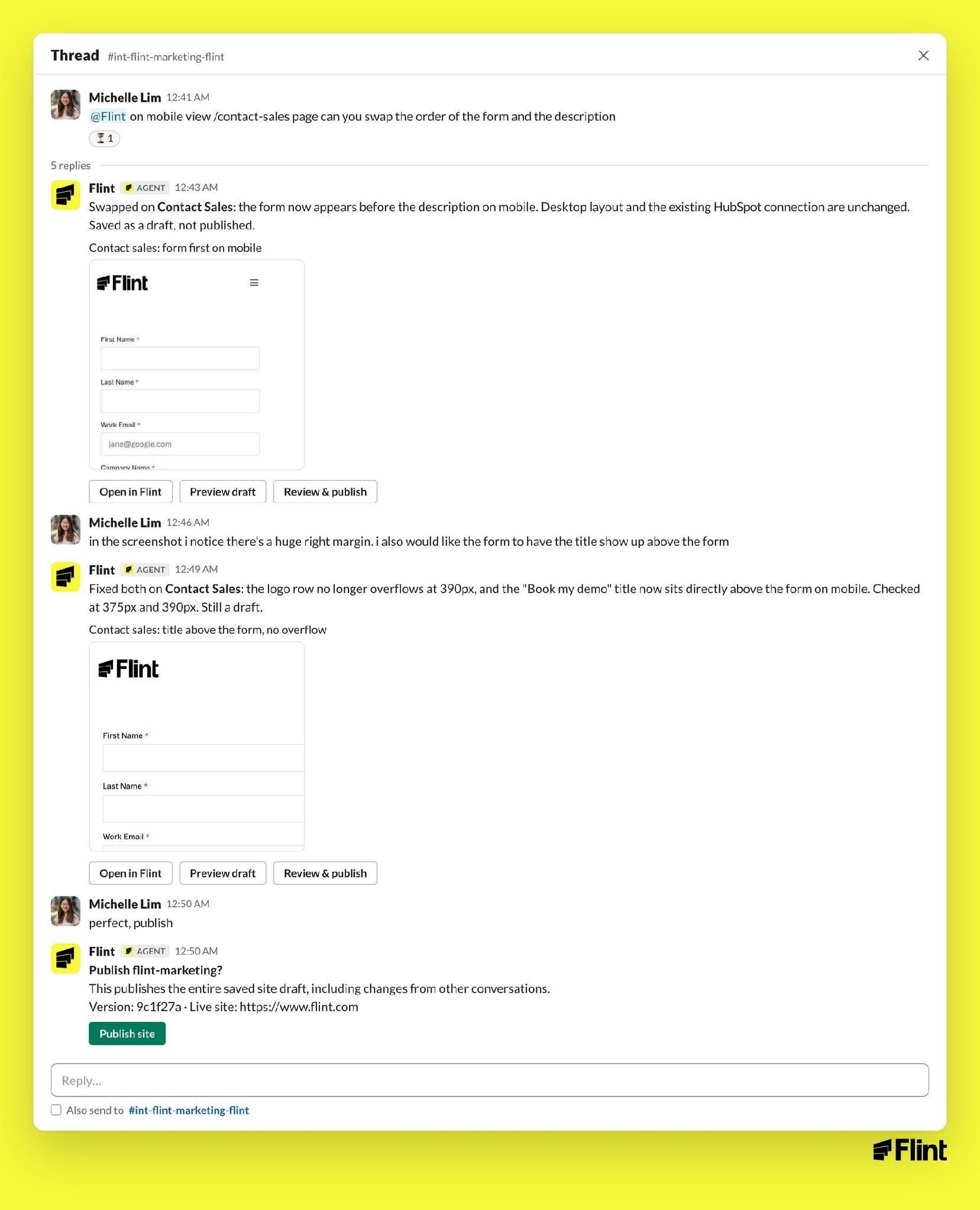 Slack thread showing mobile Contact Sales layout revisions and draft review