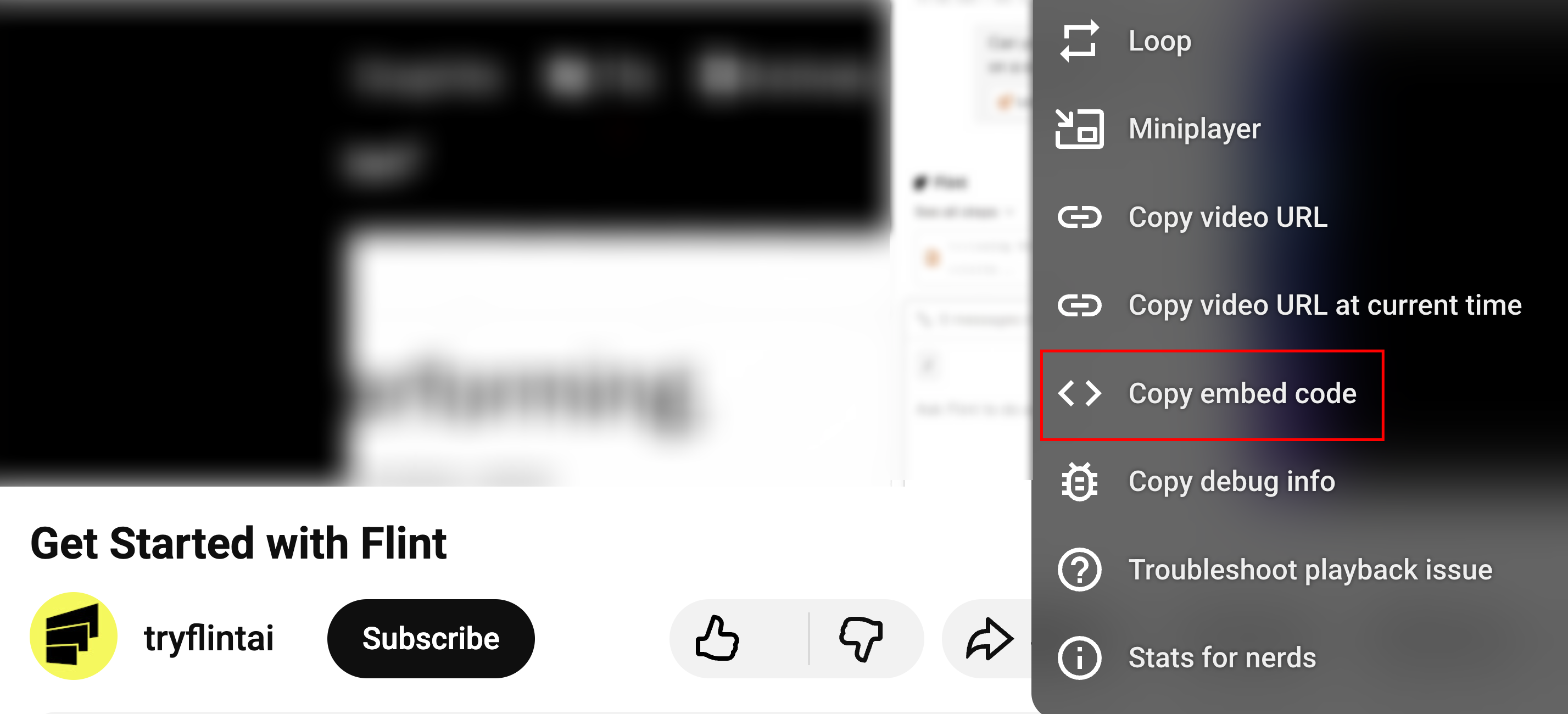 YouTube video page showing how to copy embed code via right-click context menu