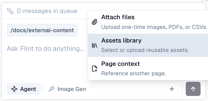 Flint chat attach menu showing options for Attach files, Assets library, and Page context