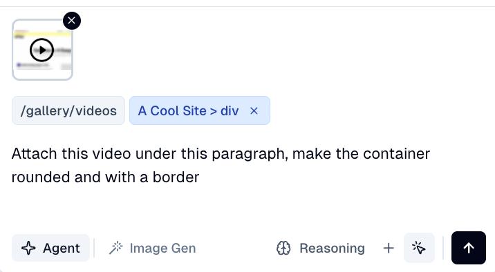 UI for attaching a video to a paragraph with options to render the video container