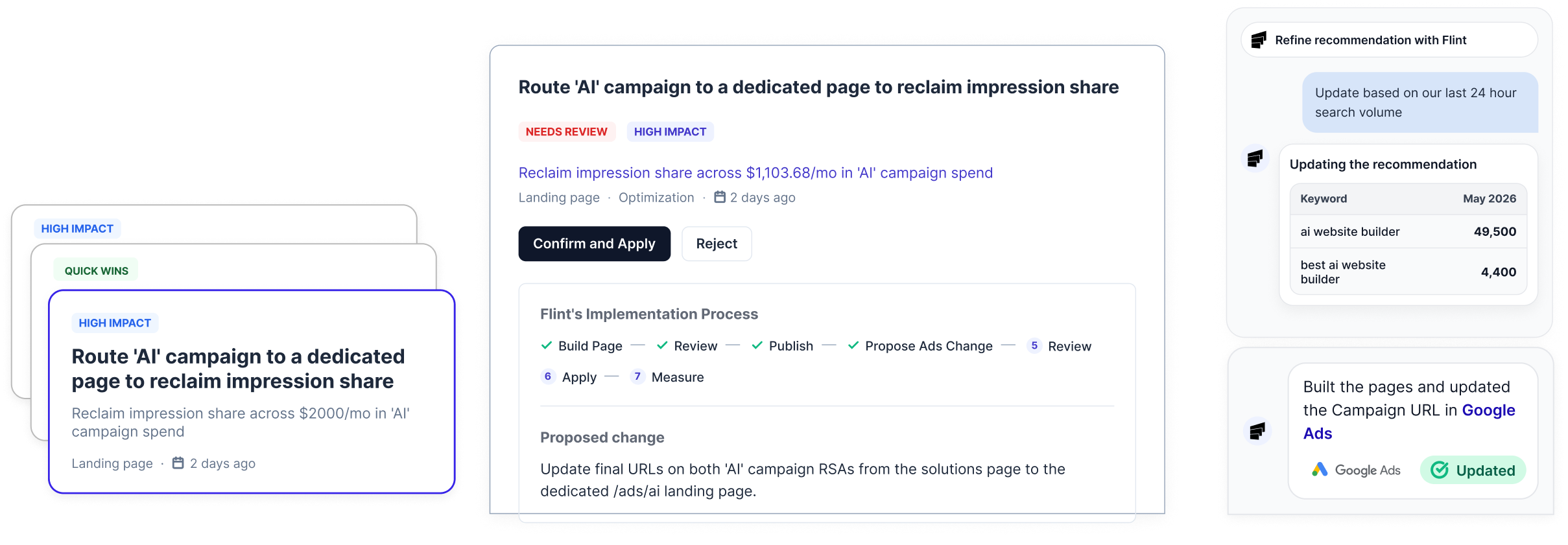 Flint Google Ads Agent UI showing recommendations and implementation process
