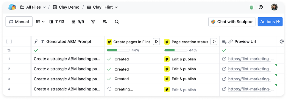 Clay workbook showing ABM landing page creation with Flint integration