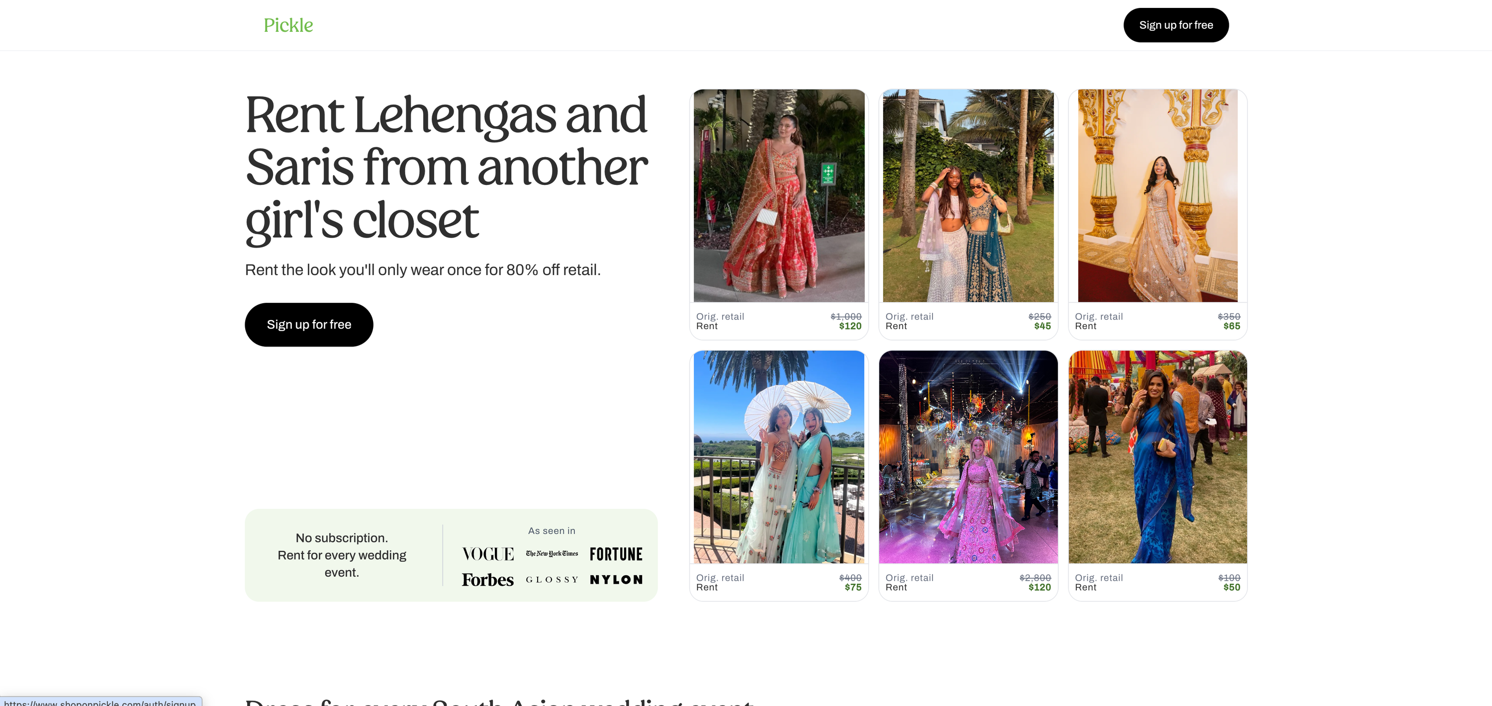 Pickle lehenga and sari rental landing page