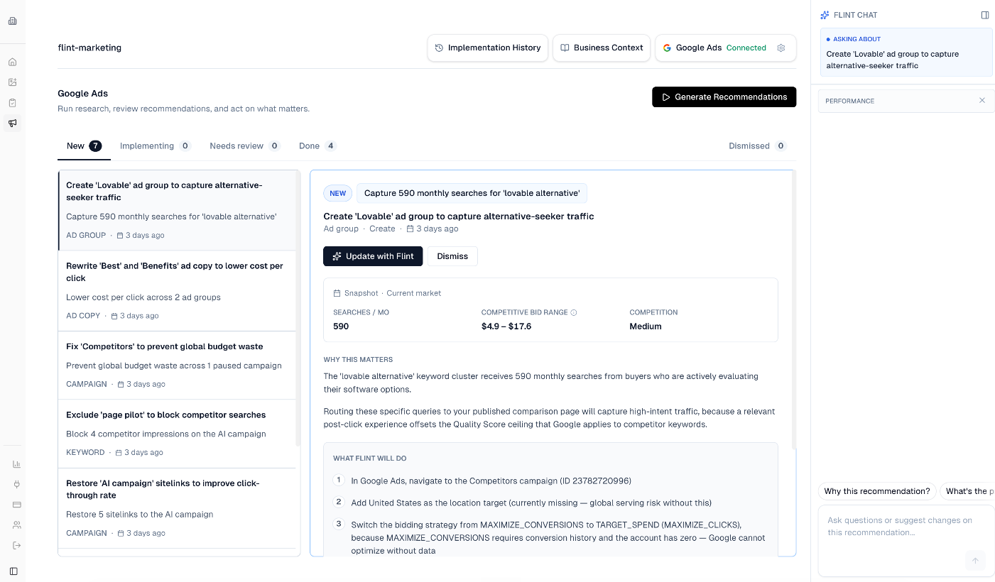 Google Ads Agent recommendations dashboard showing keyword opportunities, ad group suggestions, and campaign optimizations