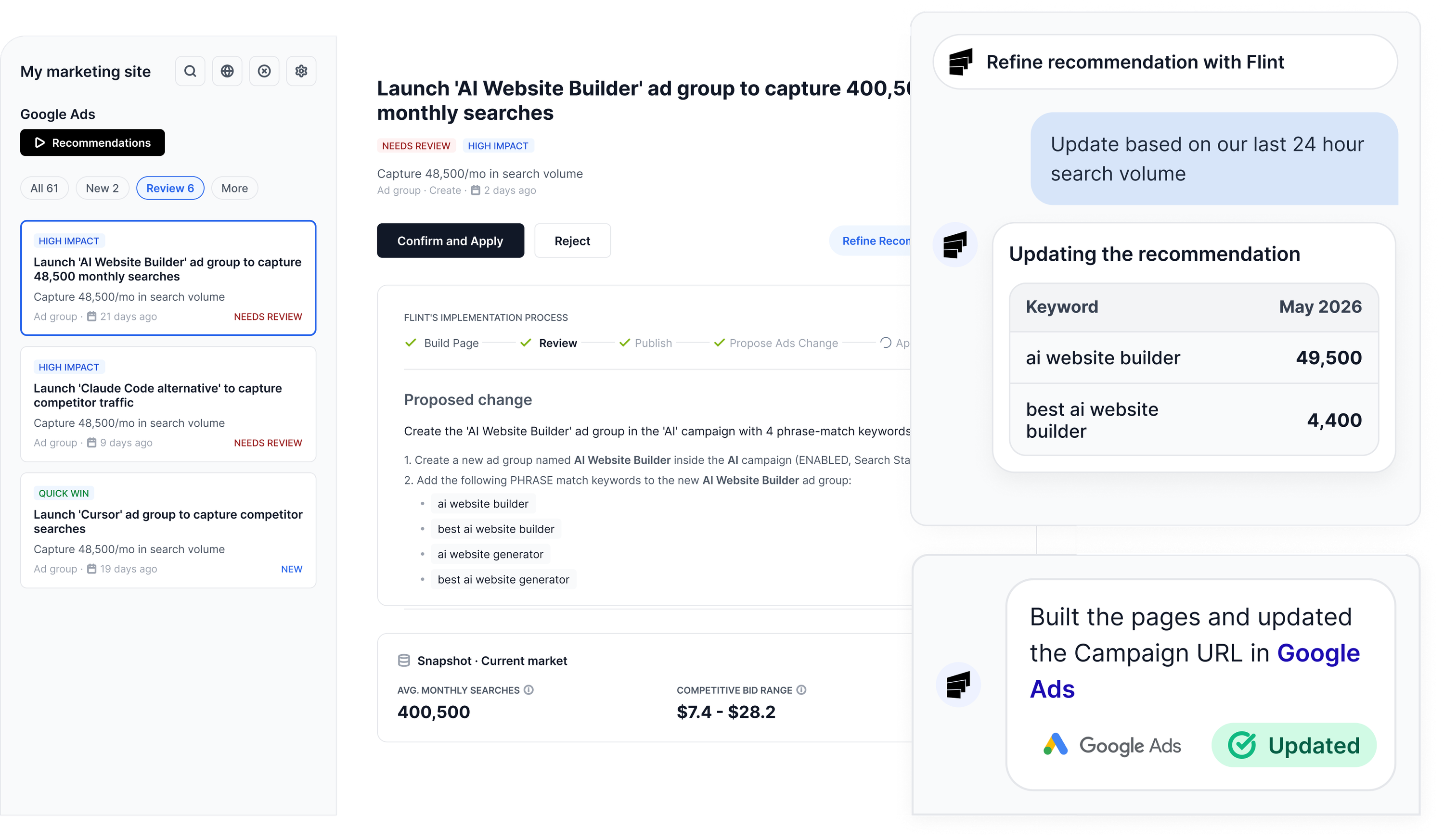 Flint Google Ads Agent UI showing recommendations and campaign changes