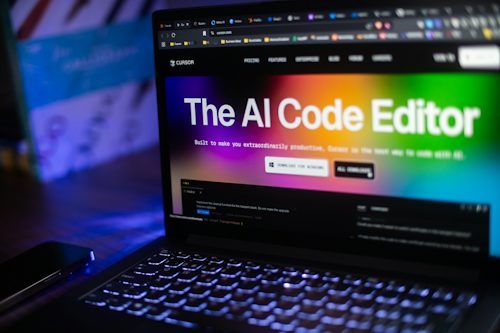 Laptop displaying the Cursor AI code editor website with a colorful gradient and blue ambient lighting