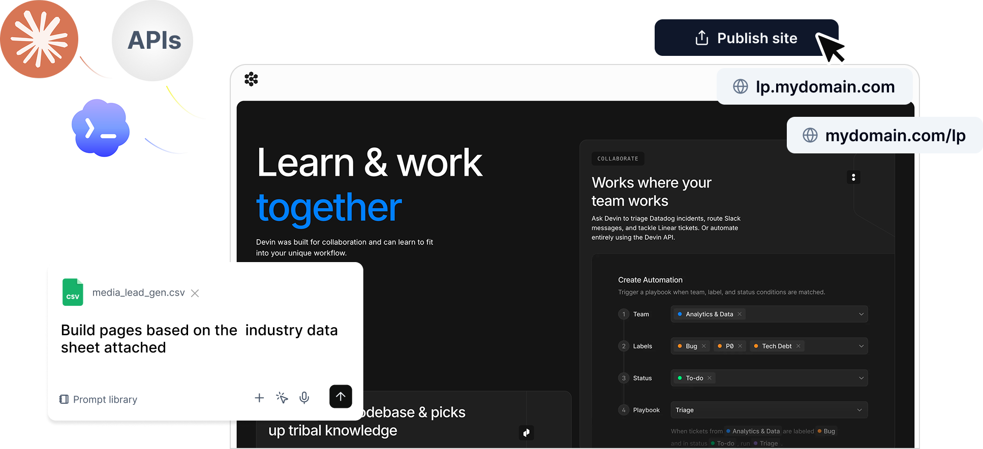 Flint Pages UI showing prompt interface and publish site workflow