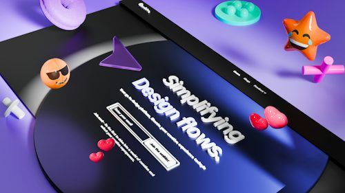 3D website design mockup with colorful floating shapes and the headline Simplifying Design flows