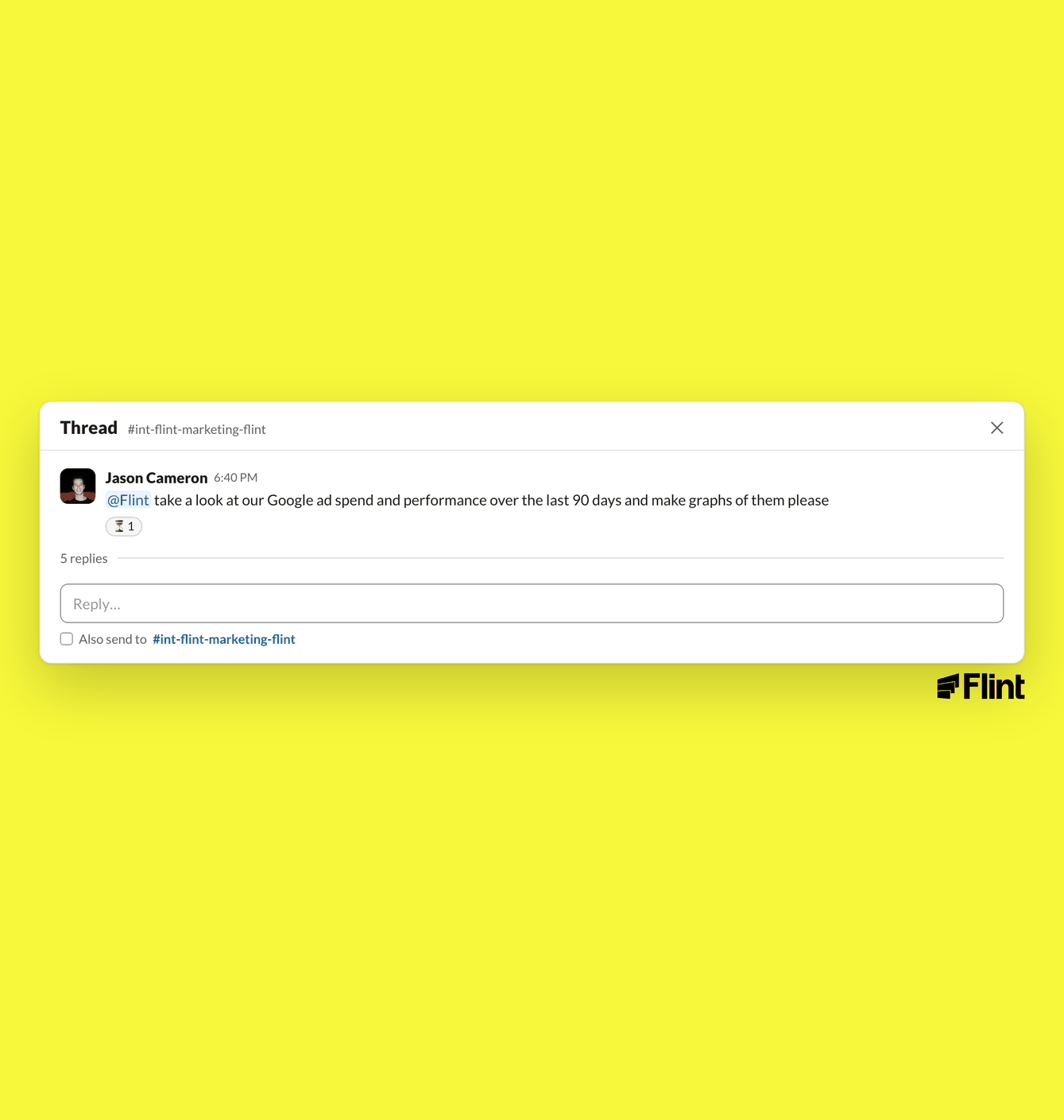Animated Flint in Slack demonstration of a Google Ads performance request