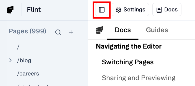 Flint editor interface showing the page navigation pane with available pages