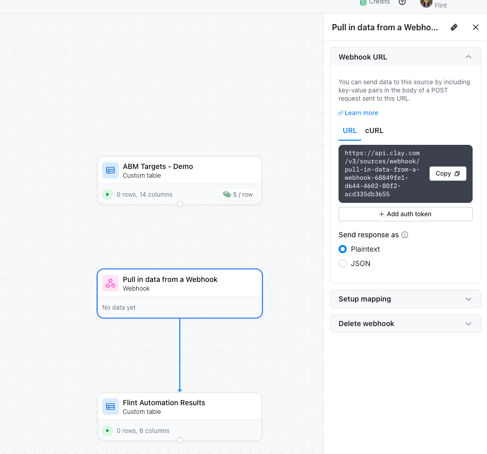 Clay webhook setup showing the ABM Targets table, Pull in data from a Webhook module, and Flint Automation Results table connected in a workflow