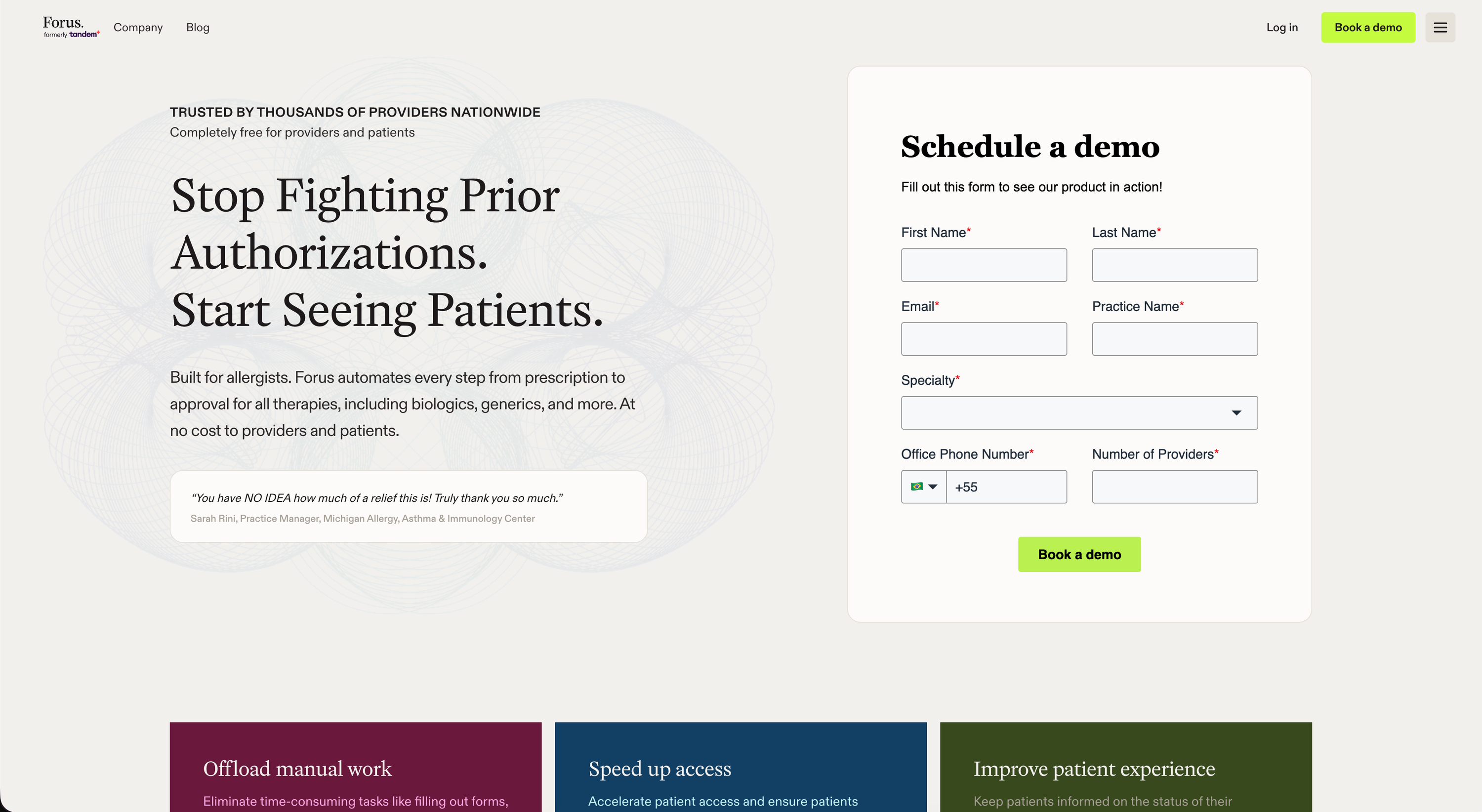 Forus prior authorization landing page built with Flint
