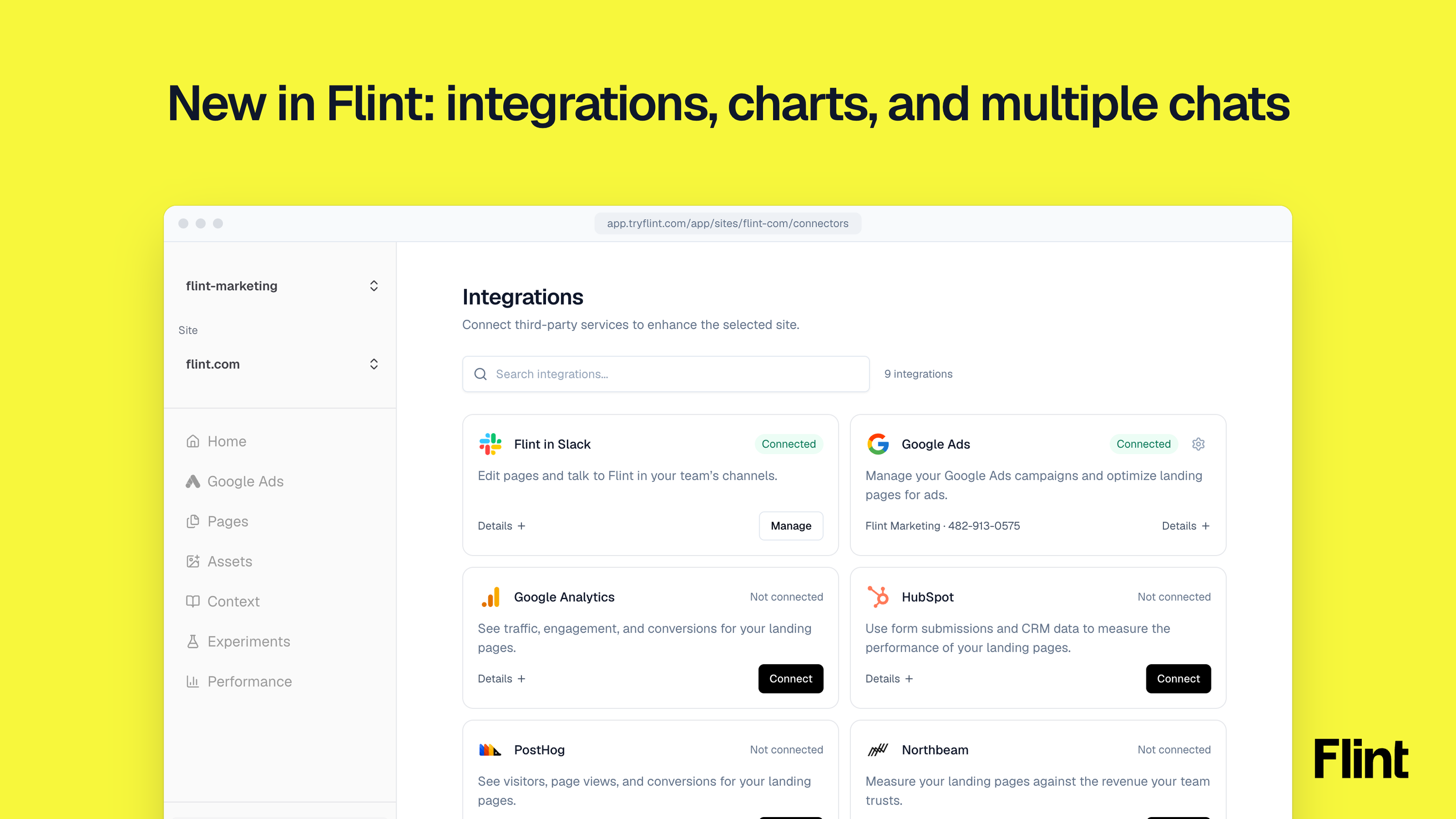 New in Flint: integrations, charts, and multiple chats, with the Integrations dashboard on a yellow background