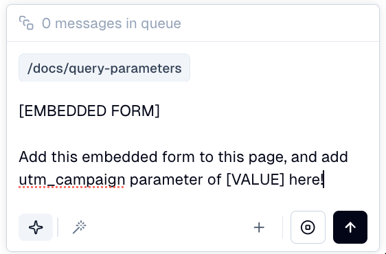 Documentation screenshot showing an embedded form with query parameter capture