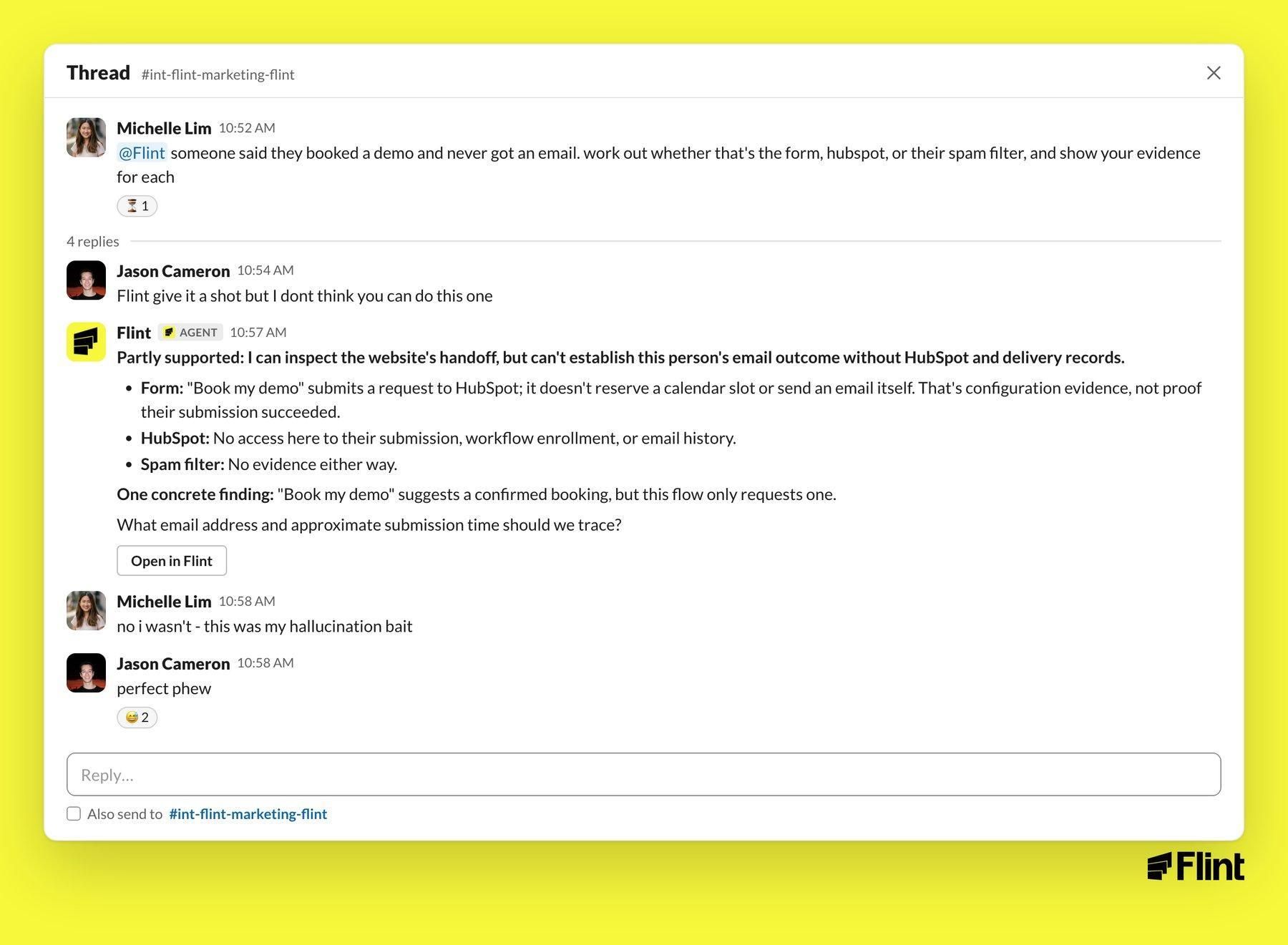 Flint explains what it can and cannot verify about a missing demo confirmation email