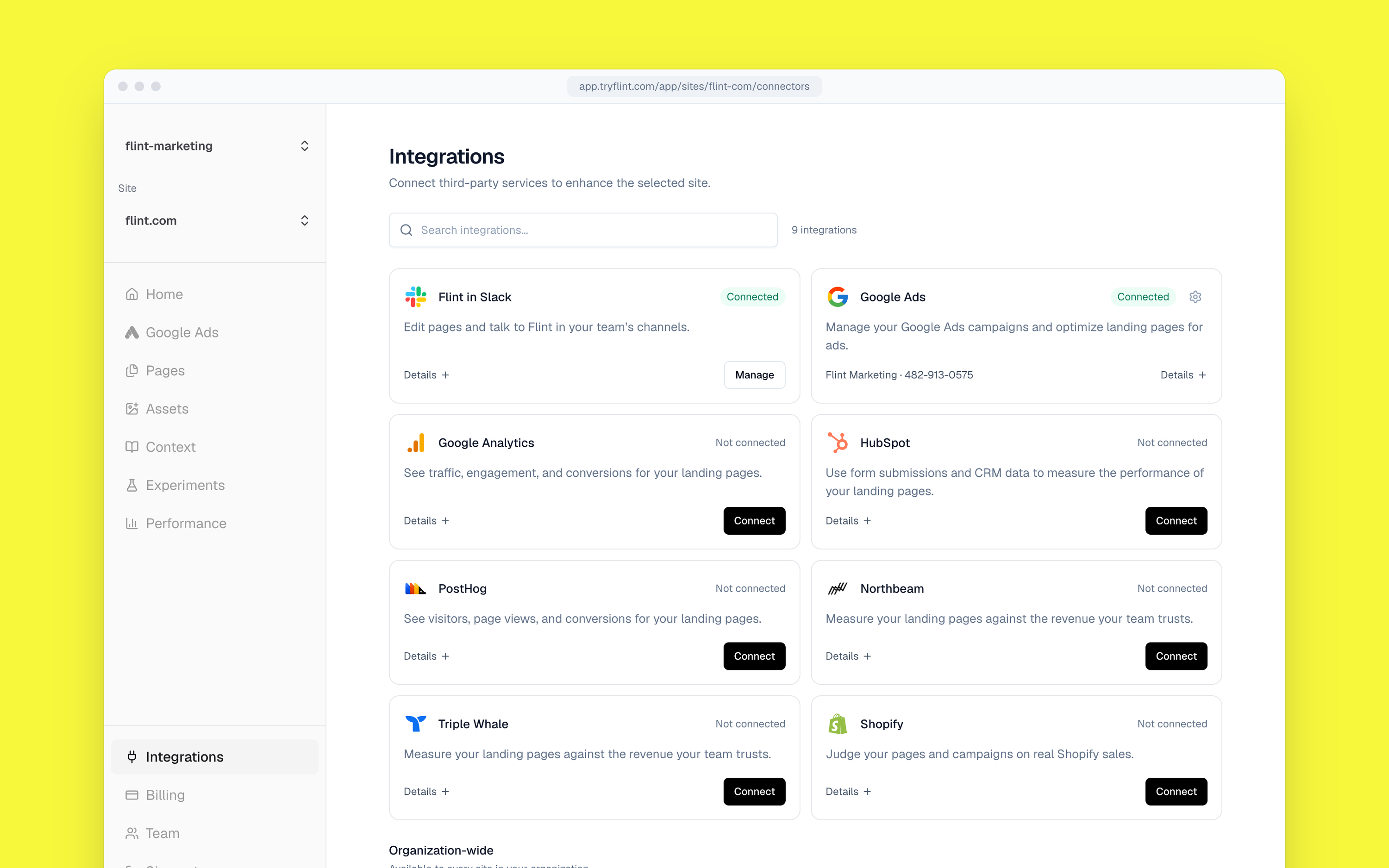 The Integrations tab in Flint, with Connect buttons for HubSpot, Northbeam, Shopify and other tools