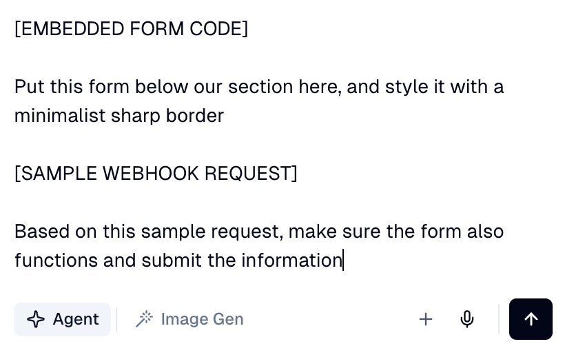 A mockup of an embedded form editor with placeholder code blocks and a sample webhook request