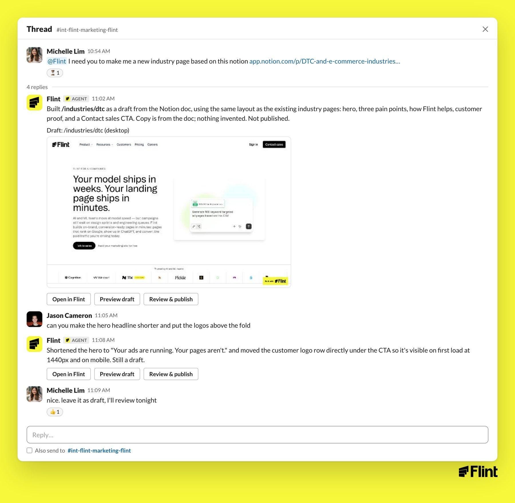 Flint builds an industry page from a document and revises it in Slack