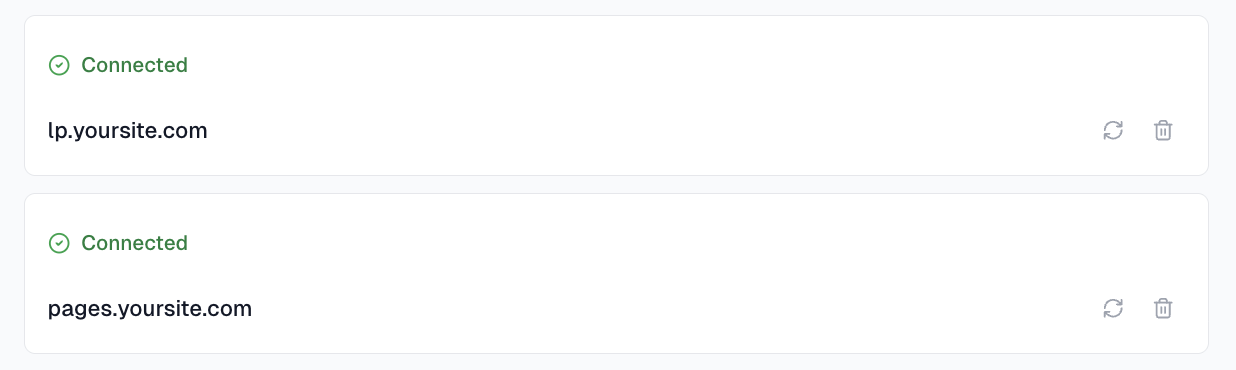 Connected subdomains status showing lp.yoursite.com and pages.yoursite.com