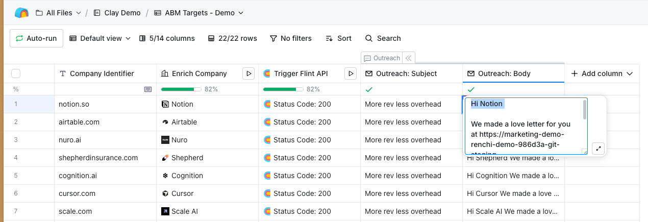 Clay ABM Targets table showing Trigger Flint API column with Status Code 200 results and outreach email copy