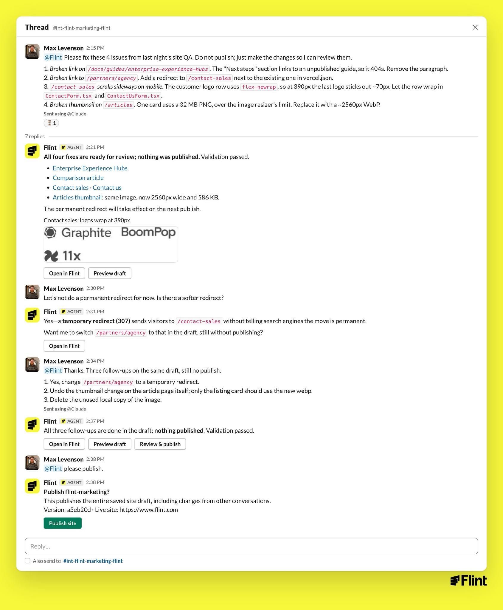 Claude sends site QA findings to Flint, and Max reviews the fixes in Slack