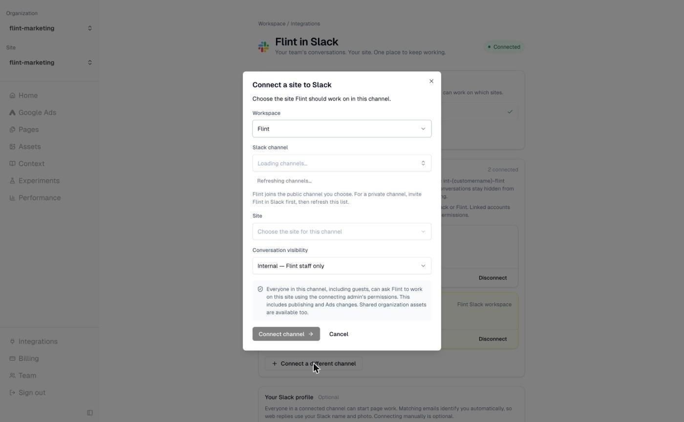 Connect a site to Slack setup with workspace, channel, site, and conversation visibility settings