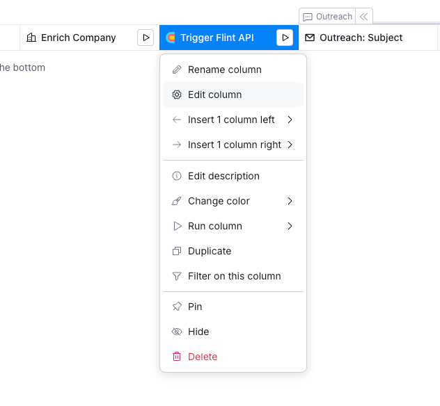 Clay column menu showing Edit column option for the Trigger Flint API column