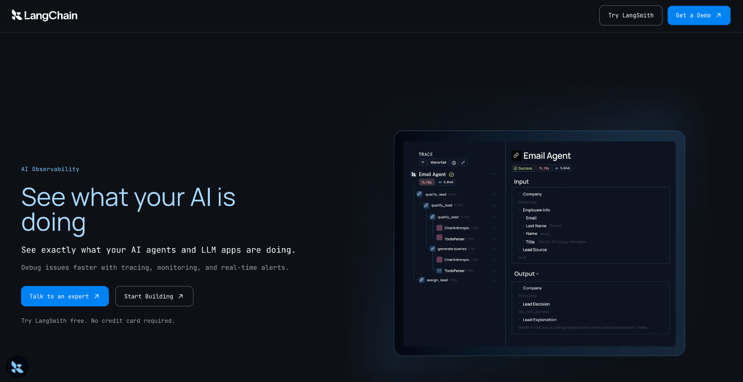 LangChain AI Observability landing page built with Flint