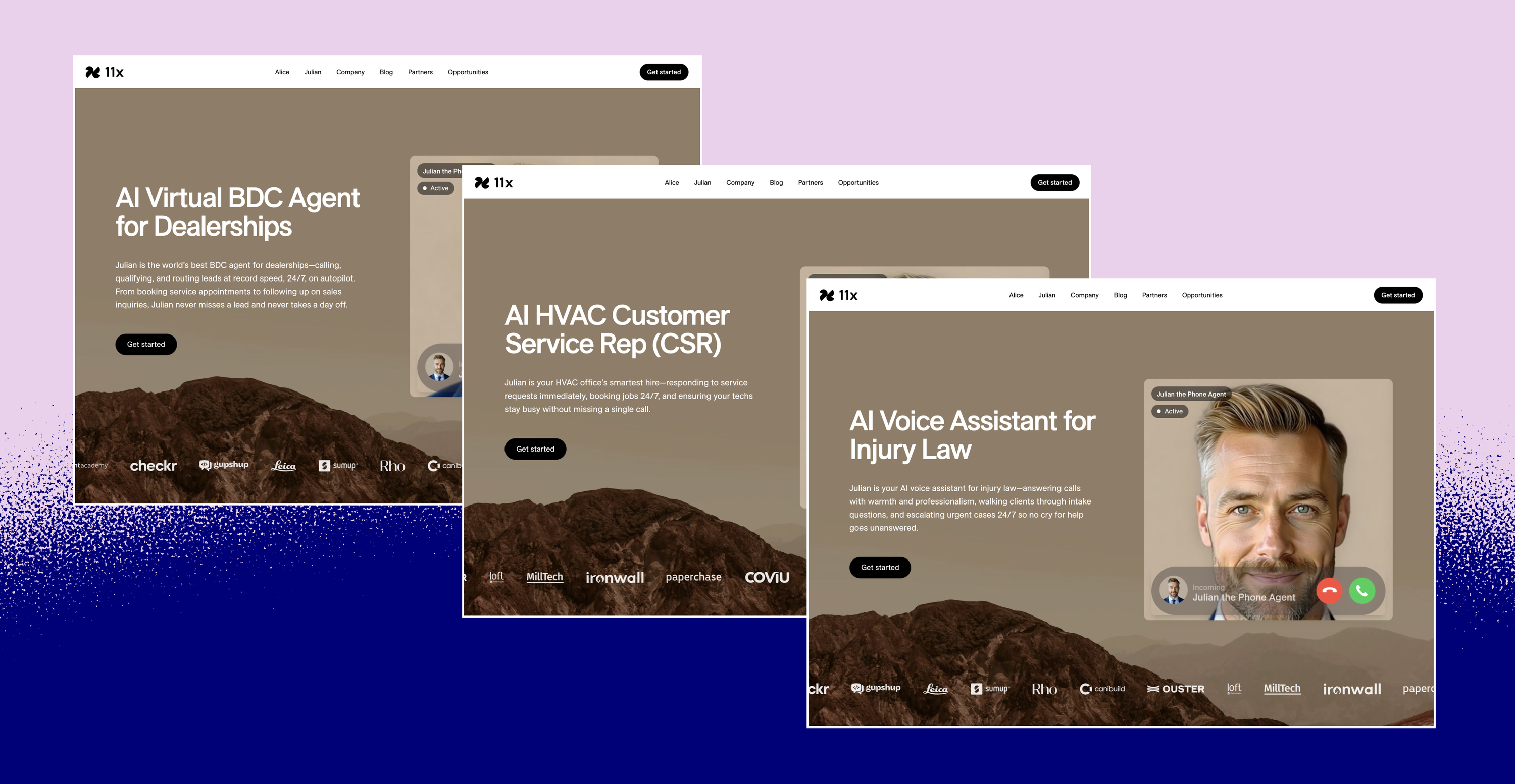 Three overlapping web design mockups featuring muted taupe panels on a purple and blue backdrop