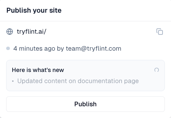 Publish panel showing site URL, change summary, and Publish button