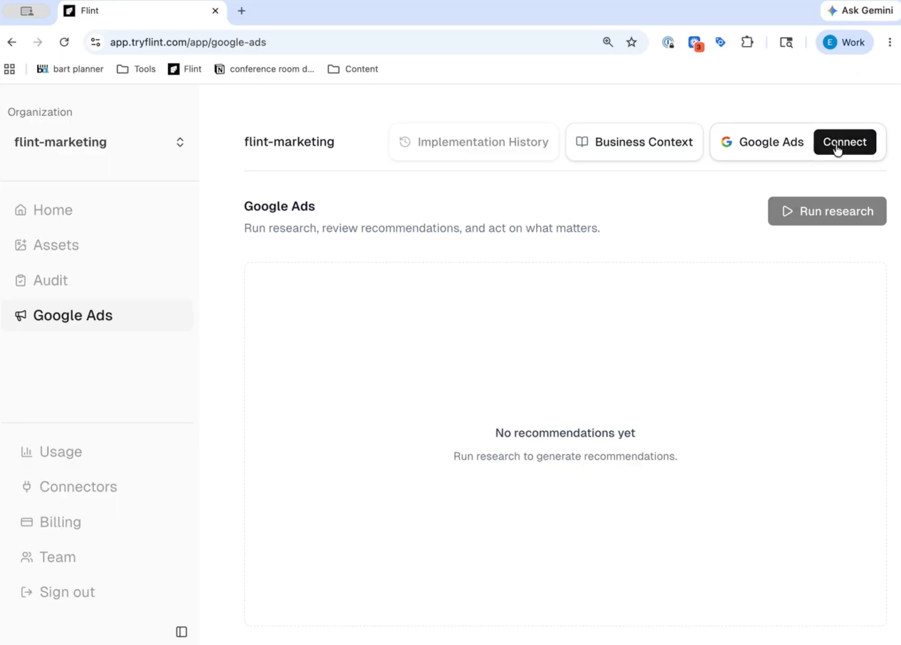 Flint dashboard showing the Google Ads tab with a Connect button to link your Google Ads account