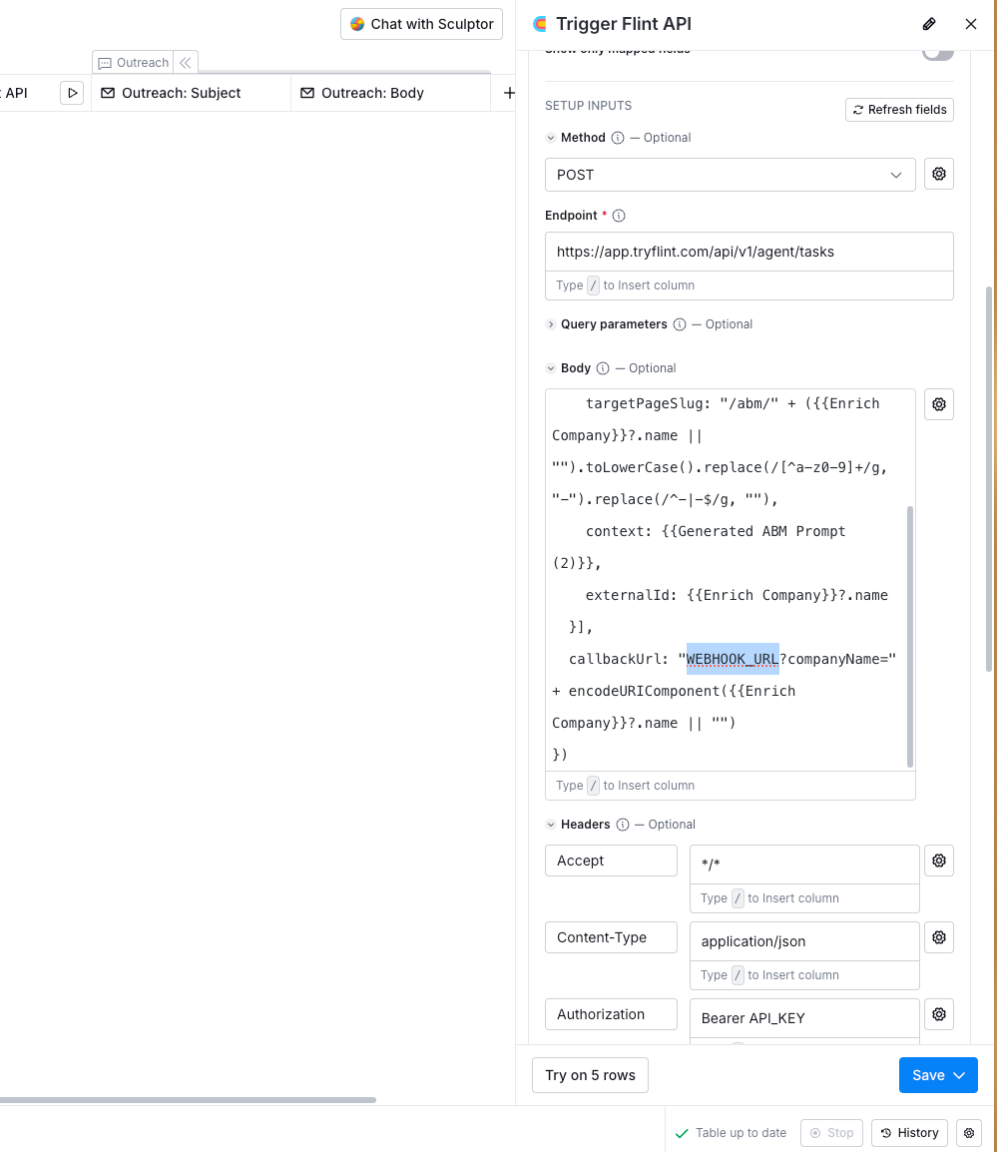 Trigger Flint API body formula showing targetPageSlug, context, externalId, and callbackUrl fields with WEBHOOK_URL highlighted