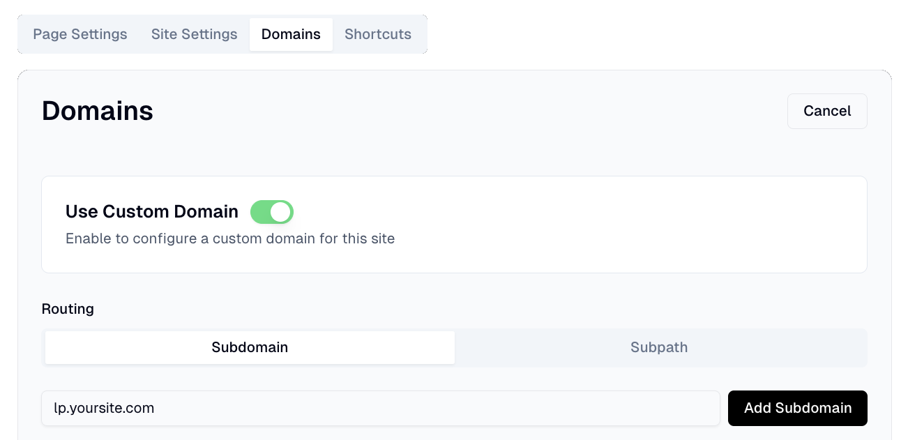 Domains settings page with Use Custom Domain toggle