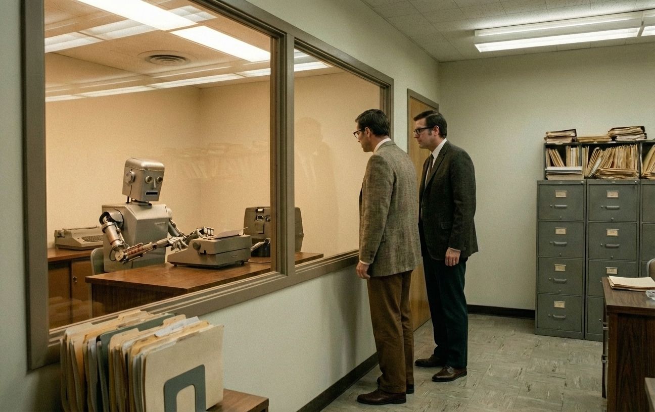 Two men in suits observing a humanoid robot at a typewriter through a two-way mirror