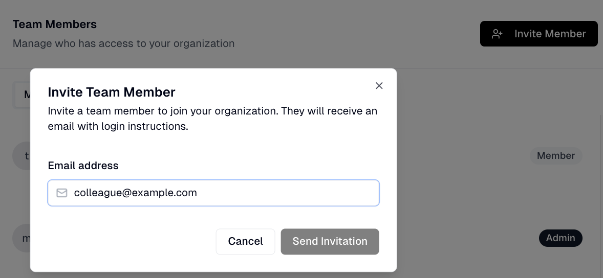 Invite Team Member modal dialog in Flint organization settings