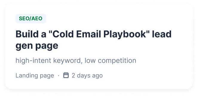 SEO/AEO recommendation card: Build a Cold Email Playbook lead gen page