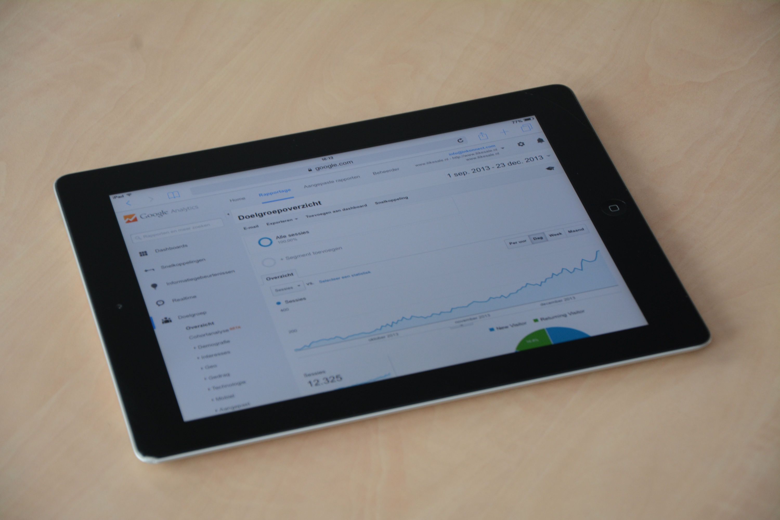 Tablet displaying a Google Analytics dashboard on a wooden surface