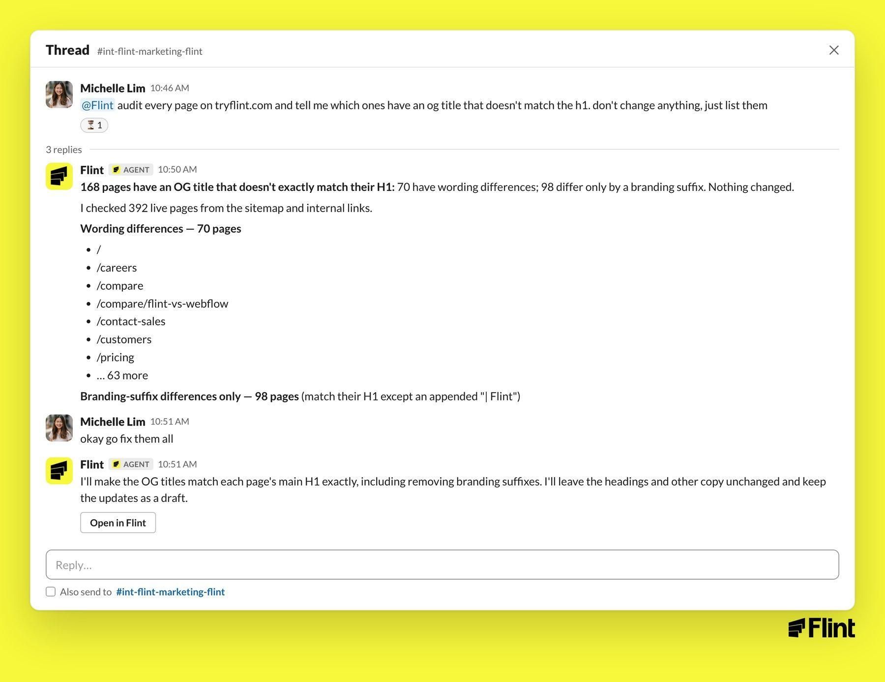 A Slack website audit reports title differences and waits for instructions to fix them
