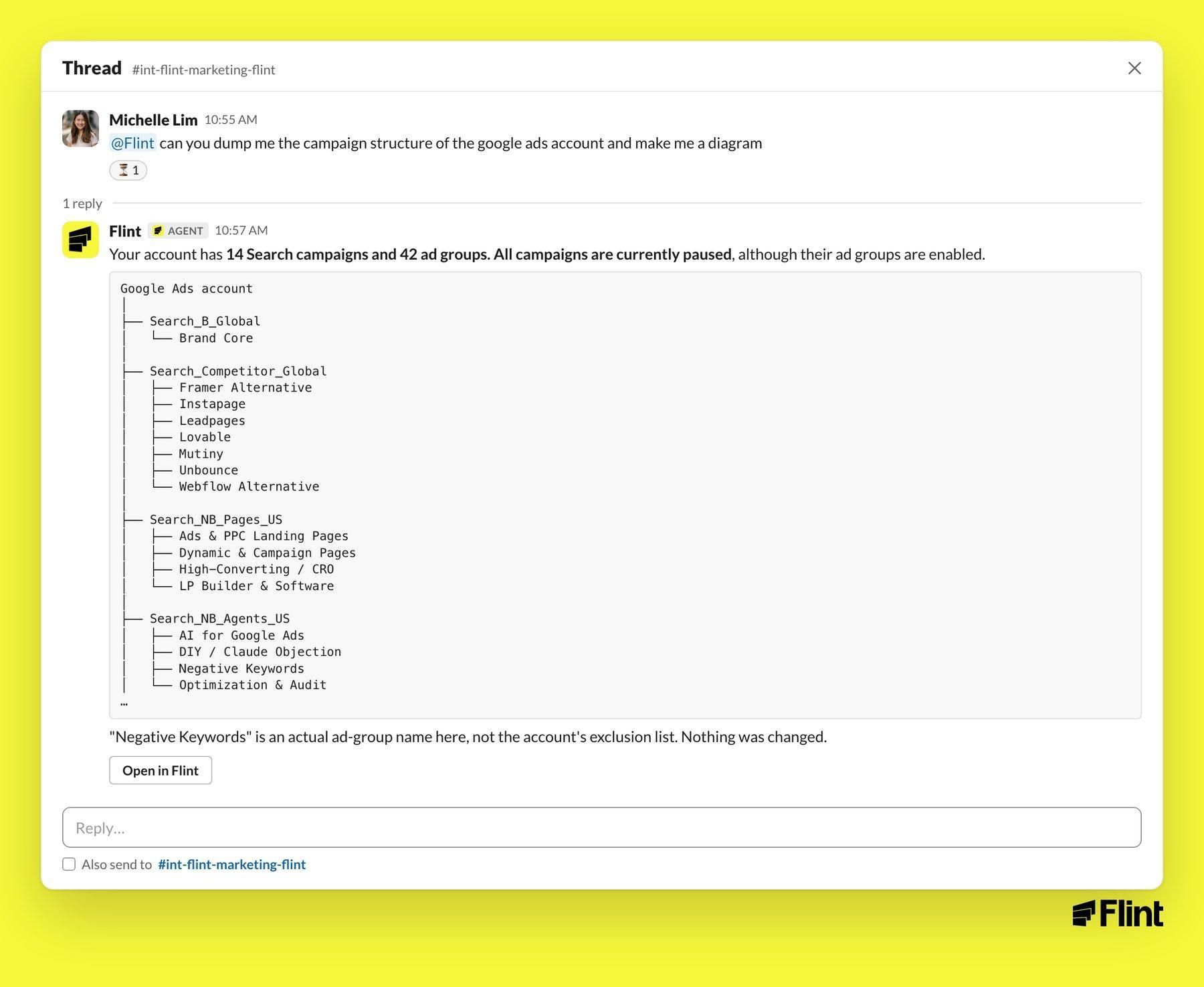 Flint replies with a Google Ads campaign and ad-group structure diagram