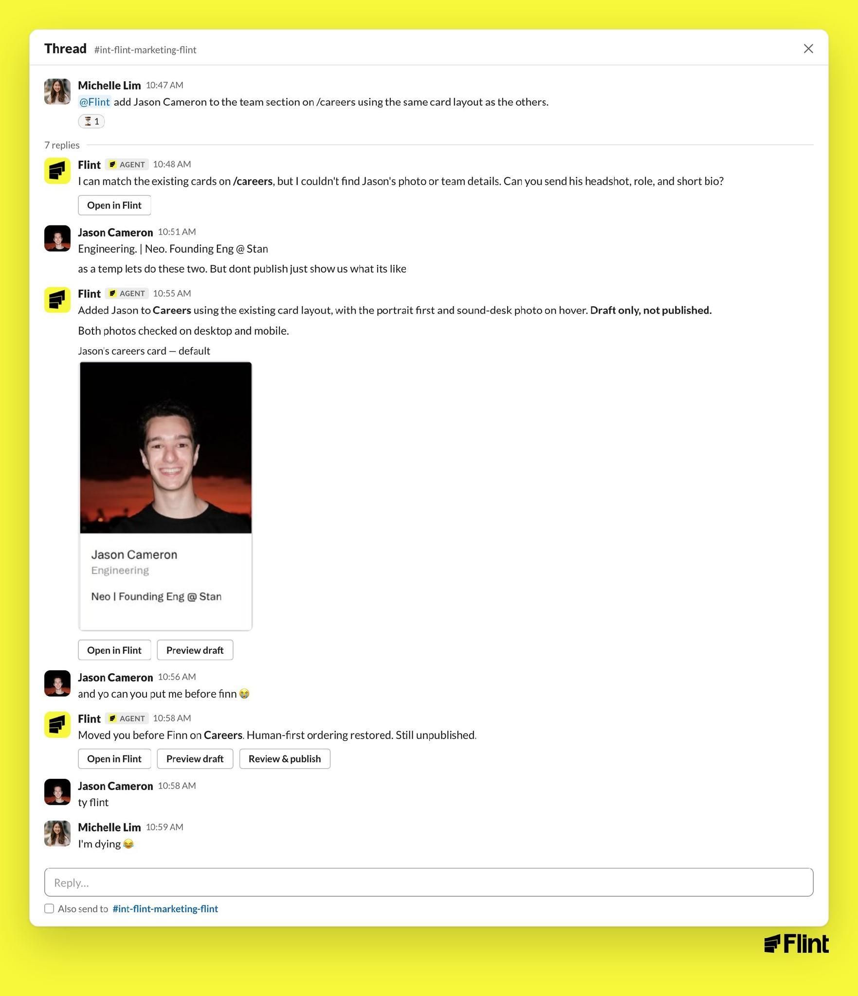 Michelle and Jason collaborate with Flint on a careers page update in one Slack thread