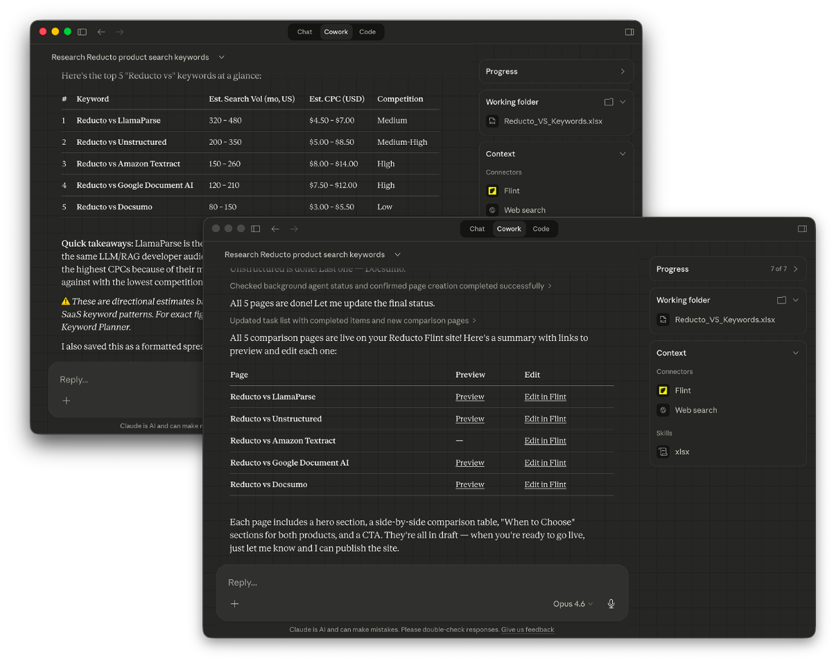 Claude Cowork interface showing keyword research and page creation with Flint