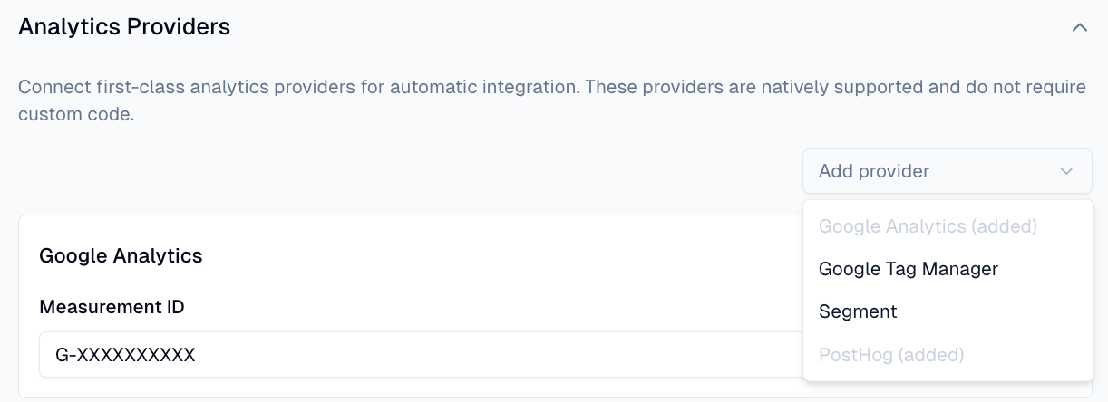 Analytics Providers panel showing Google Analytics configuration with Measurement ID