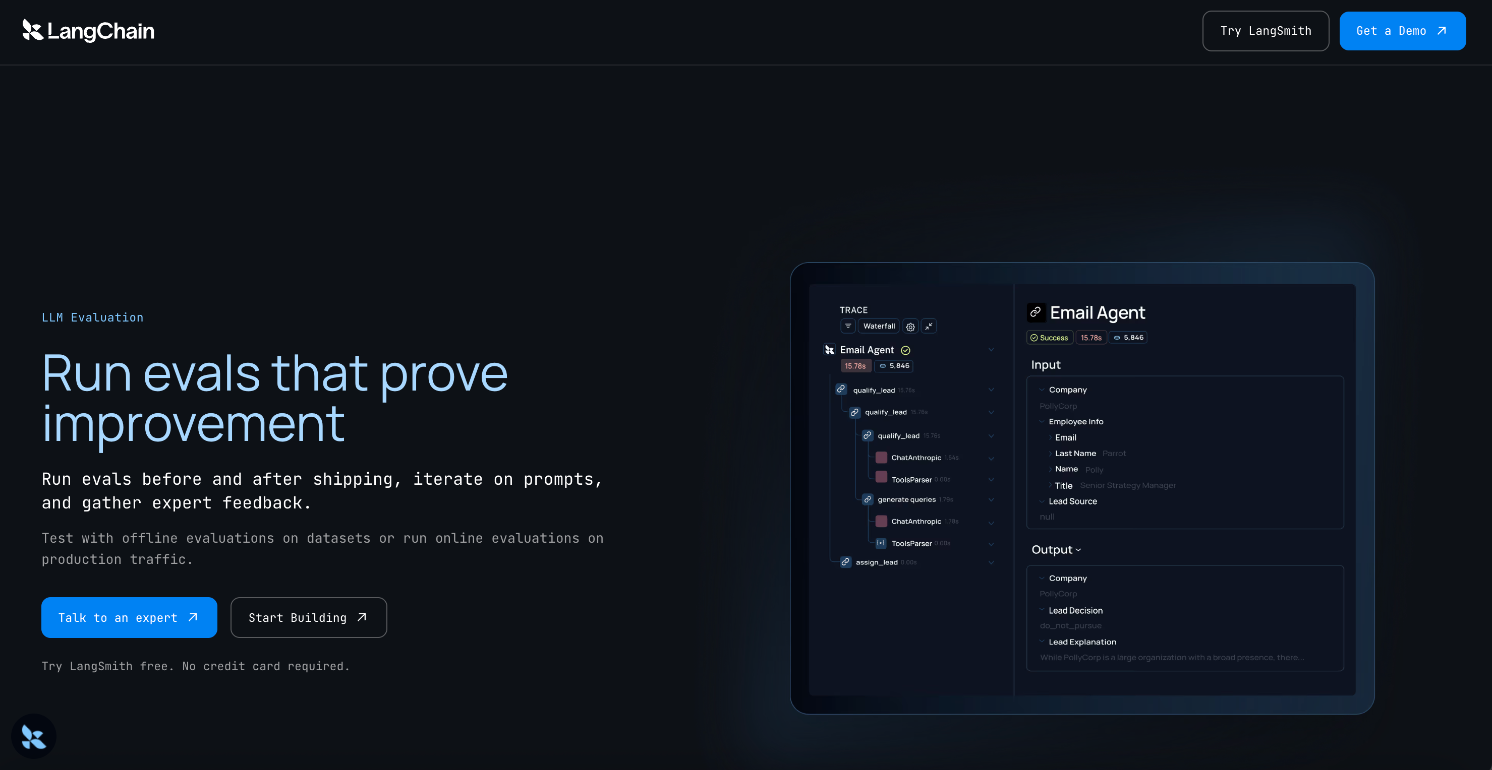 LangChain LLM Evaluation landing page built with Flint
