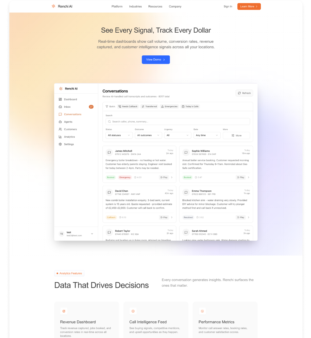 Renchi AI landing page with conversations dashboard on gradient background