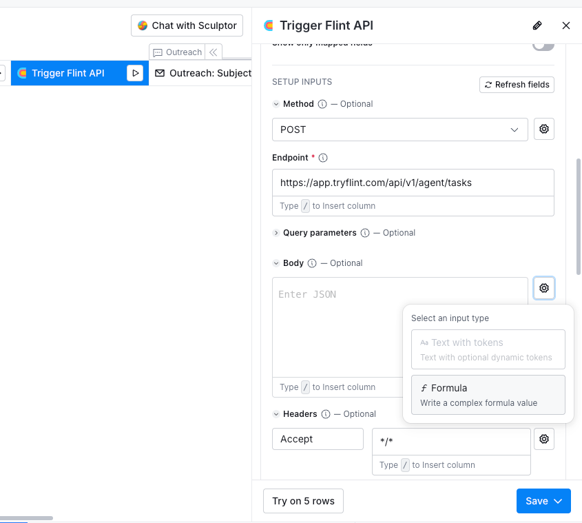 Trigger Flint API column editor showing Body section with Formula input type selected
