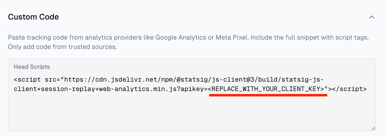 Custom Code panel in Flint Site Settings